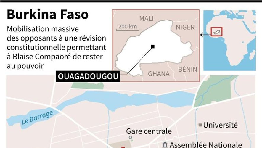 Carte de Ouagadougou, capitale du Burkina Faso, ou une forte mobilisation s'oppose au maintien au pouvoir du président