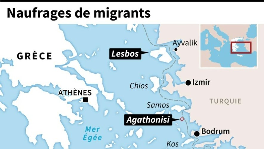 Carte de localisation des naufrages de migrants près des îles grecques de Lesbos et Agathonisi