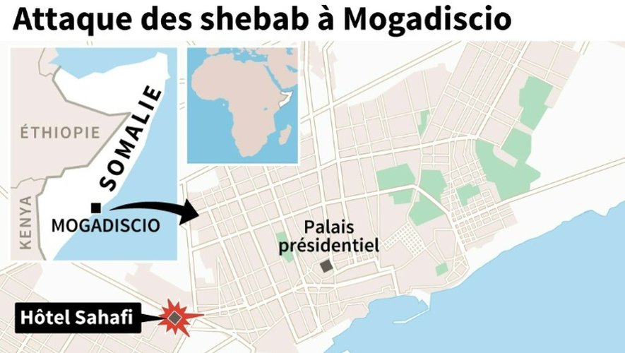 Carte de localisation de l'hôtel Sahafi à Mogadiscio attaqué par les islamistes shebab dimanche