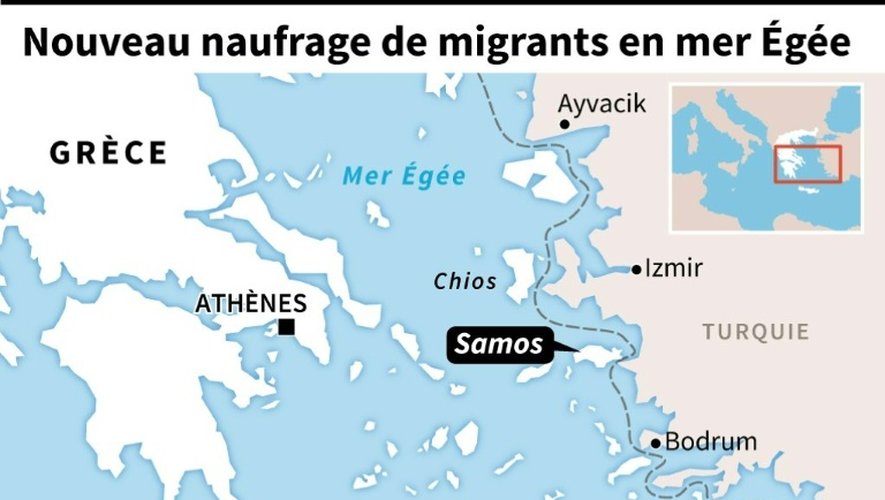 Carte localisant le naufrage de migrants au large de l'île grecque de Samos où au moins 11 migrants, dont 2 enfants et 4 nourrissons, ont été noyés