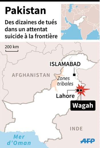 Carte de localisation de l'attentat survenu le 2 novembre 2014 à Wagah à la frontière entre le Pakistan et l'Inde