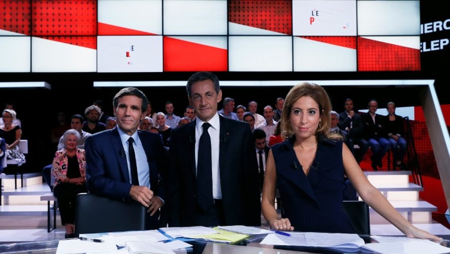 David Pujadas, Léa Salamé et Nicolas Sarkozy pendant "L'Emission politique" le 15 septembre 2016 à Saint-Cloud