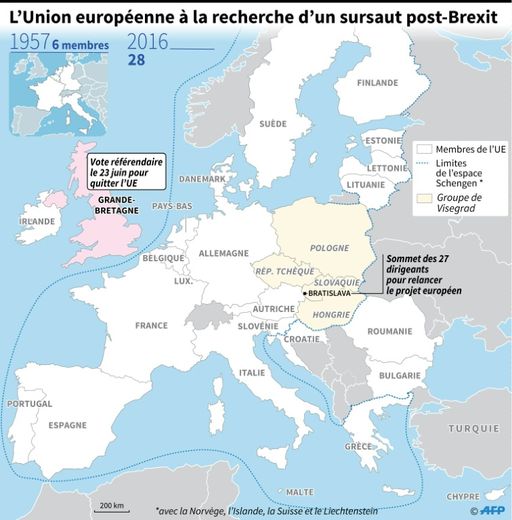 Carte d'Europe des pays membres de l'UE, localisant le sommet des 27 dirigeants à Bratislava en Slovaquie