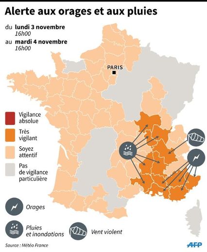 Carte de France avec les départements en alerte orange, vent, inondations, crues et orages