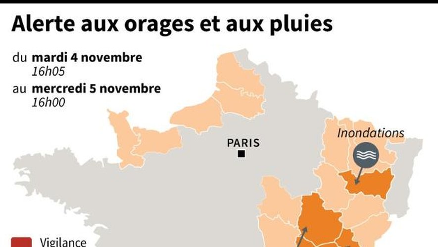 Carte de France avec les départements en alerte orange, inondations, crues et orages