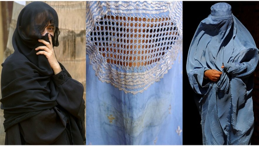 Montage présentant des femmes portant un Niqab (g), et des Burqas (c et d)