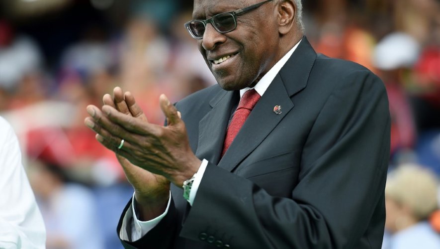L'ex-président de l'IAAF Lamine Diack lors de la cérémonie d'ouverture des Mondiaux juniors à Cali, le 15 juillet 2015