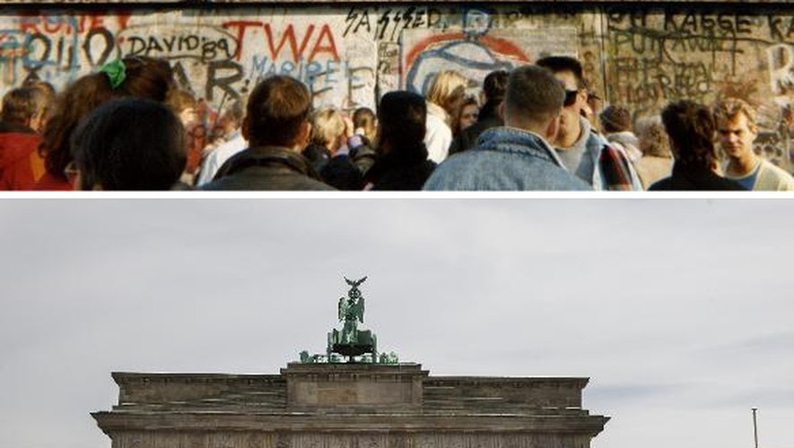 Des gardes-frontière sur le Mur séparant l'Allemagne en deux, devant la porte de Brandebourg à Berlin, le 11 novembre 1989 et le même endroit photographié le 24 septembre 2014