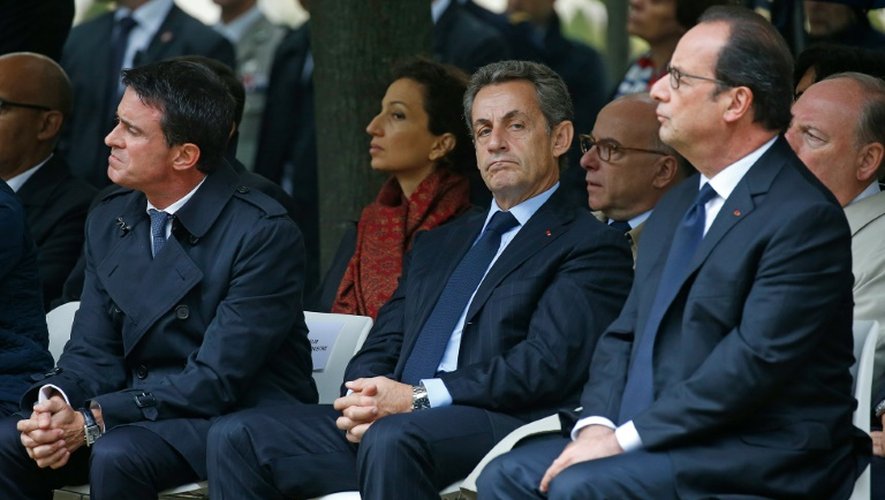 Manuel Valls, Nicolas Sarkozy et Francois Hollande lors de la cérémonie d'hommage aux victimes du terrorisme aux Invalides le 19 septembre 2016 à Paris