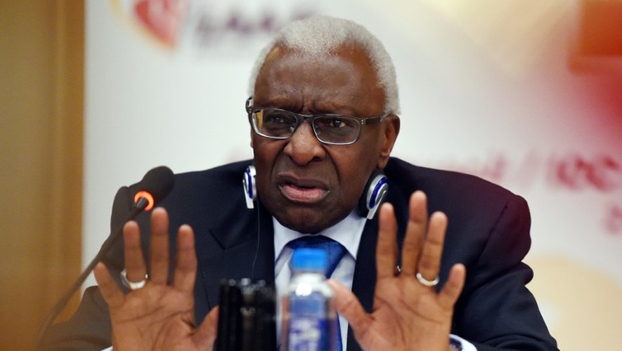 Le Sénégalais Lamine Diack, ancien président de l'IAAF, lors d'une conférence de presse à Pékin, le 21 août 2015