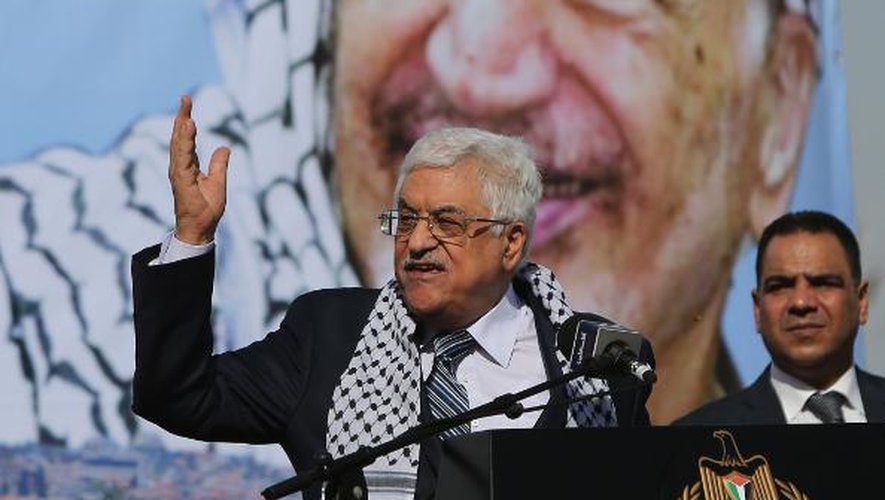 Le président de l'Autorité palestinienne Mahmud Abbas s'exprime le 11 novembre 2014 à Ramallah, lors des cérémonies marquant le 10e anniversaire de la mort de Yasser Arafat