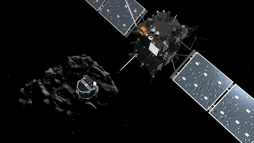 Dessin d'artiste montrant la séparation entre la sonde Rosetta et le robot Philae descendant vers la comète "Tchouri", le 12 novembre 2014
