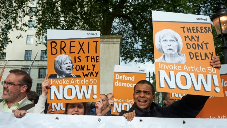 Les partisans du Brexit, près du siège du gouvernement britannique de Downing street, à Londres, le 13 juillet 2016