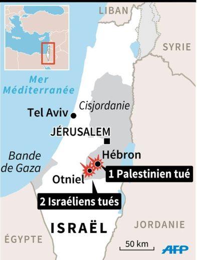 Carte de la Cisjordanie localisant Hébron et la colonie d'Otniel où 1 palestinien et 2 israéliens ont été tués