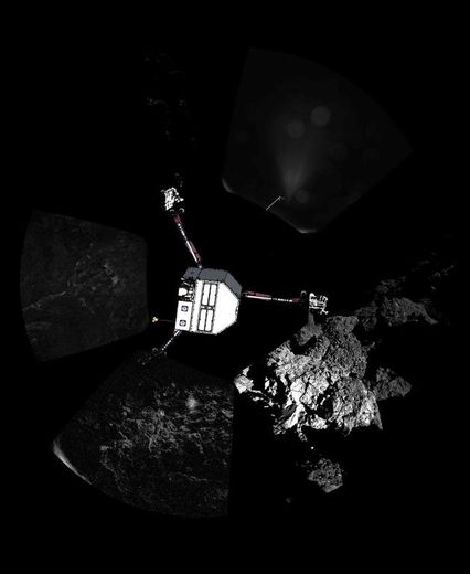 Image distribuée par l'Agence spatiale européenne le 13 novembre 2014, montrant une vue à 360 degrés de la comète Tchouri au moment de l'atterrissage de Philae le 12 novembre