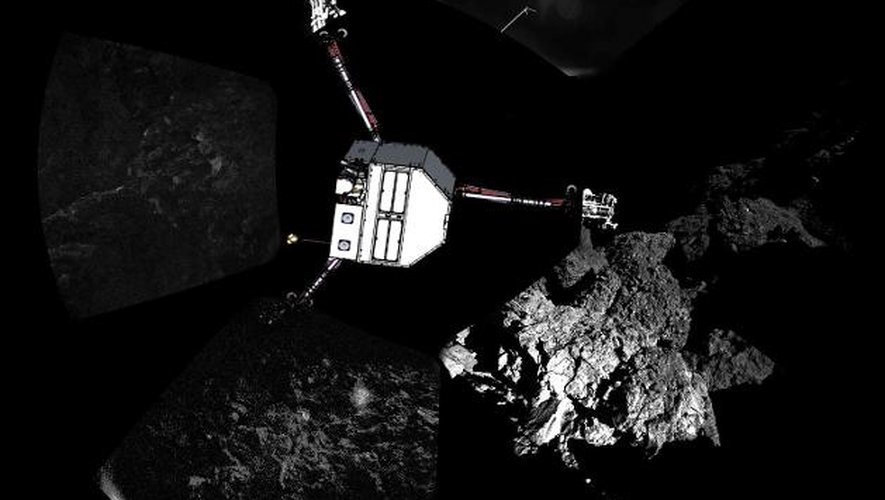 Image distribuée par l'Agence spatiale européenne le 13 novembre 2014, montrant une vue à 360 degrés de la comète Tchouri au moment de l'atterrissage de Philae le 12 novembre