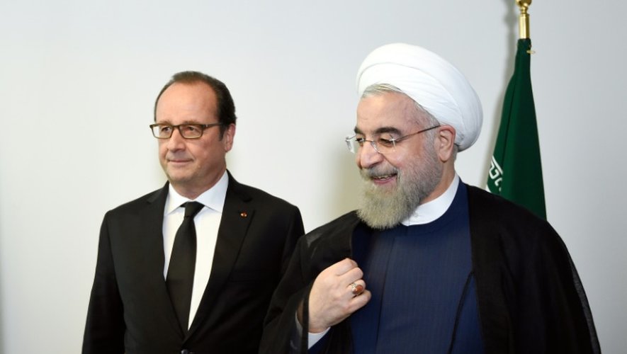 Les présidents français Francois Hollande et iranien Hassan Rohani lors d'une rencontre en marge de l'assemblée générale de l'Onu le 27 septembre 2015 à New York