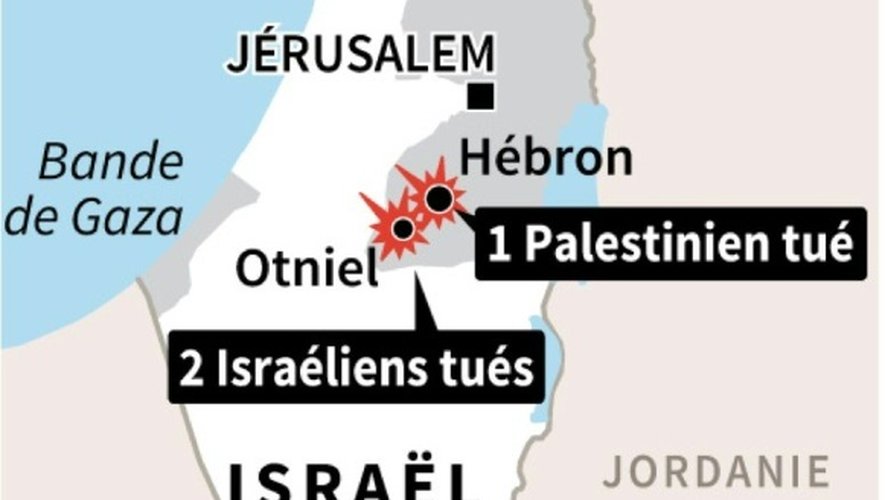 Carte de la Cisjordanie localisant Hébron et la colonie d'Otniel où 1 palestinien et 2 israéliens ont été tués