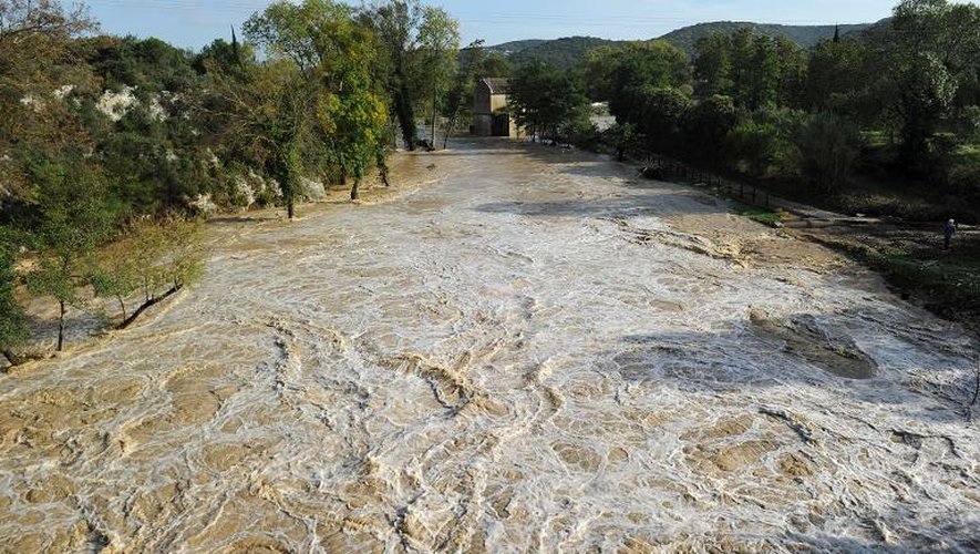 La rivière Alzon en crue le 10 octobre 2014 à Collias