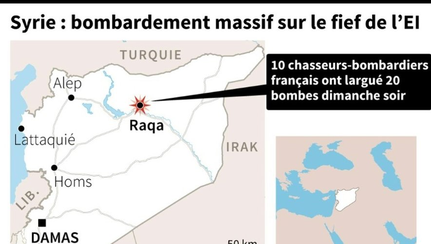 Carte de Syrie localisant Raqa, fief du groupe de l'Etat islamique , bombardé par des frappes françaises dimanche soir