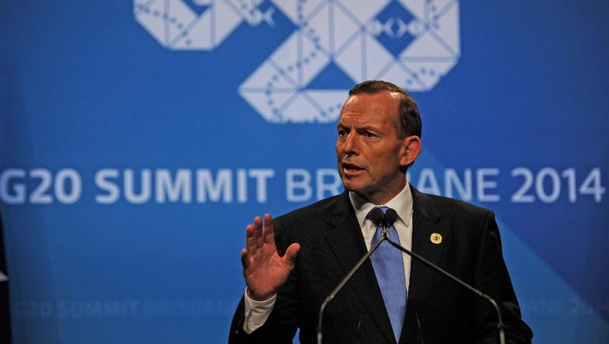 Le Premier ministre australien Tony Abbott lors d'une conférence de presse à la fin du G20 le 16 novembre 2014 à Brisbane en Australie