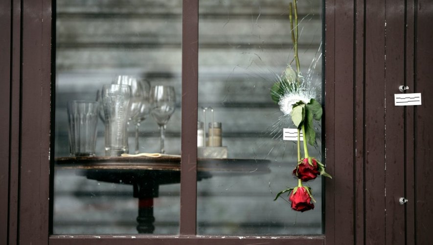 Des roses glissées dans les impacts de balle sur la vitrine de la "Bonne Bière" en hommage aux victimes, le 17 novembre 2015 à Paris