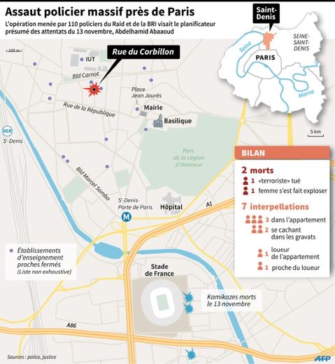 Carte de localisation de l'assaut du Raid et de la BRI à Saint-Denis