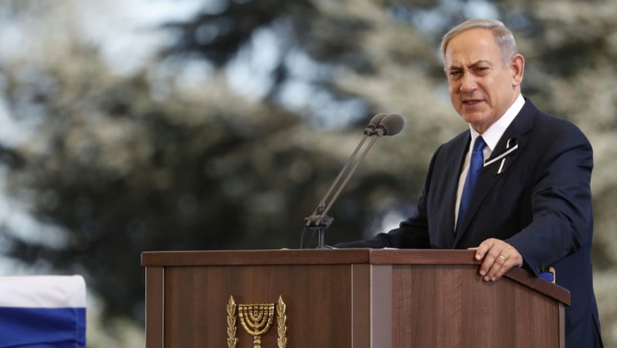 Le Premier ministre israélien Benjamin Netanyahu lors du discours prononcé pendant les obsèques de Shimon Peres le 30 septembre 2016 à Jérusalem