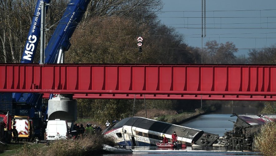 Les secours travaillent le 15 novembre 2015 sur la scène de l'accident du TGV qui a basculé la veille dans un canal à Eckwersheim en Alsace