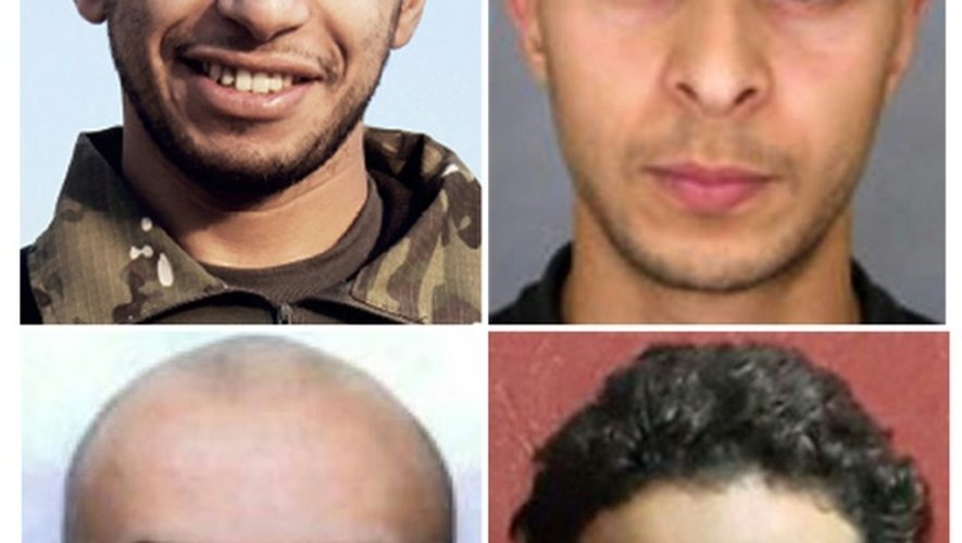 Montage de quatre hommes impliqués dans les attaques du 13 novembre 2015 à Paris: Abdelhamid Abaaoud, commanditaire présumé, Salah Abdeslam, qui serait le huitième homme des attentats, Bilal Hadfi et Samy Amimour, assaillants morts(Haut en bas dans le sens des aiguilles d'une montre)
