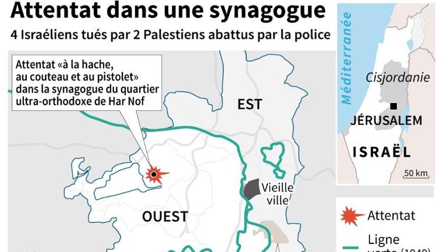 Carte de localisation de l'attentat dans une synagogue du quartier ultra-orthodoxe de Har Nof à Jérusalem
