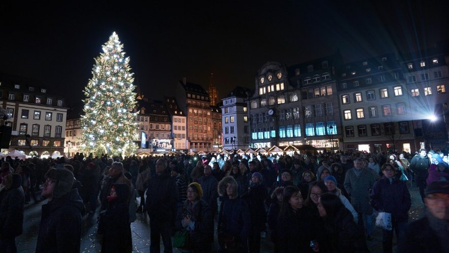 La foule devant un sapin de Noël à Strasbourg pour l'ouverture du marché de Noël le 28 novembre 2014