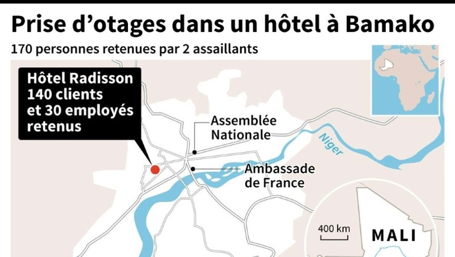 Mali: carte de Bamako et localisation de l'hôtel Radisson où 170 personnes sont retenues, selon le groupe hôtelier