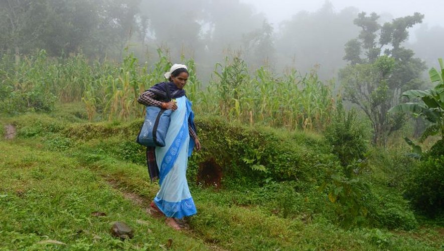 Bhumisara Upadhyay, mère de famille népalaise, rend visite le 11 septembre 2014 à des femmes enceintes avec l'objectif de réduire la mortalité néonatale dans le pays himalayen, avec un simple tube de gel antiseptique