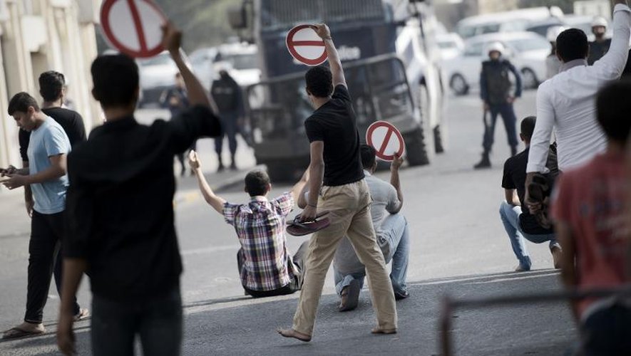 Des manifestants appelant à boycotter les élections générales font face à la police antiémeute, le 21 novembre 2014 à Diraz, à l'ouest de Manama, à Bahreïn