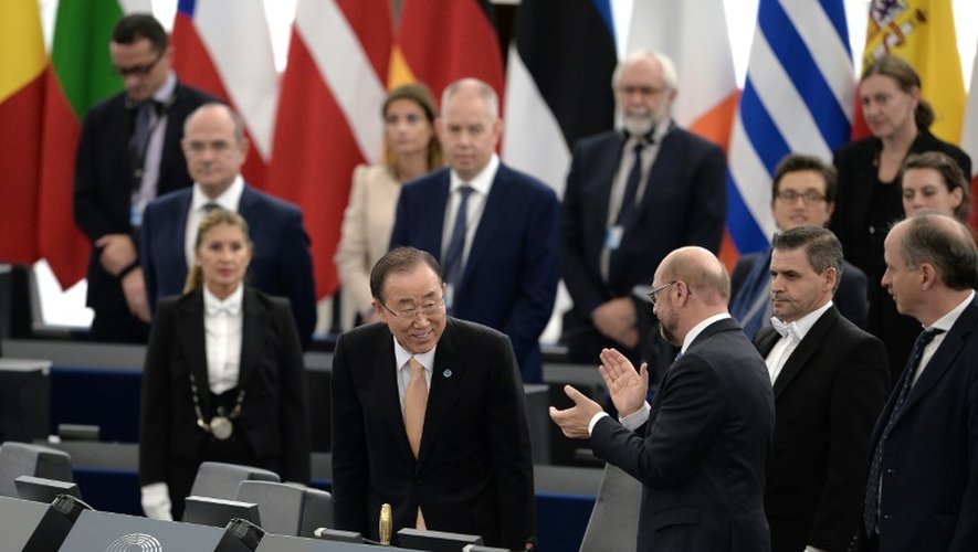 "Vous avez maintenant une opportunité de faire l'histoire en aidant à mener le monde vers un meilleur futur", a déclaré le secrétaire général de l'ONU, Ban Ki-Moon, devant les eurodéputés réunis à Strasbourg, le 4 octobre 2016.