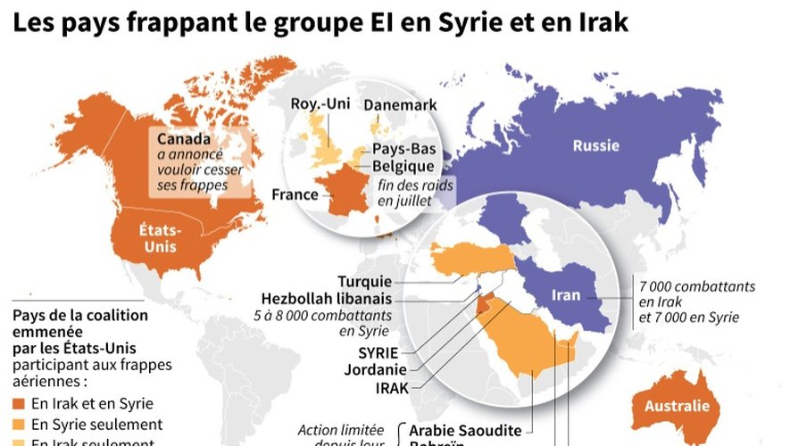 Carte localisant les pays frappant l'EI en Syrie et en Irak