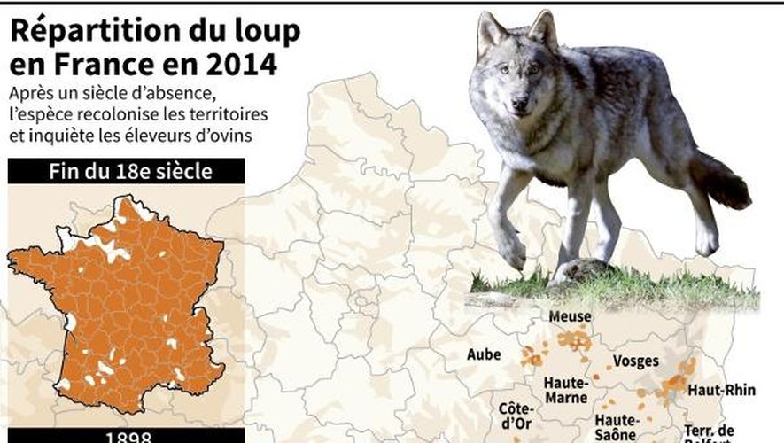 Carte de localisation des loups en France en 2014 (présence occasionelle et avérée), nombre d'individus