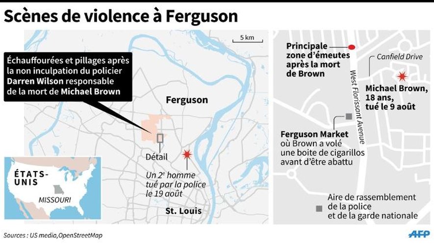 Carte de localisation de Ferguson aux Etats-Unis et des évènements liés à la mort de Michael Brown tué par un policier le 9 août 2014