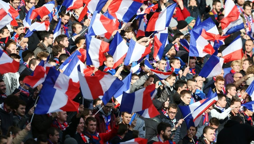 Supporteurs agitant le drapeau français lors du match de L1 Caen-Angers, le 22 novembre 2015 à Caen