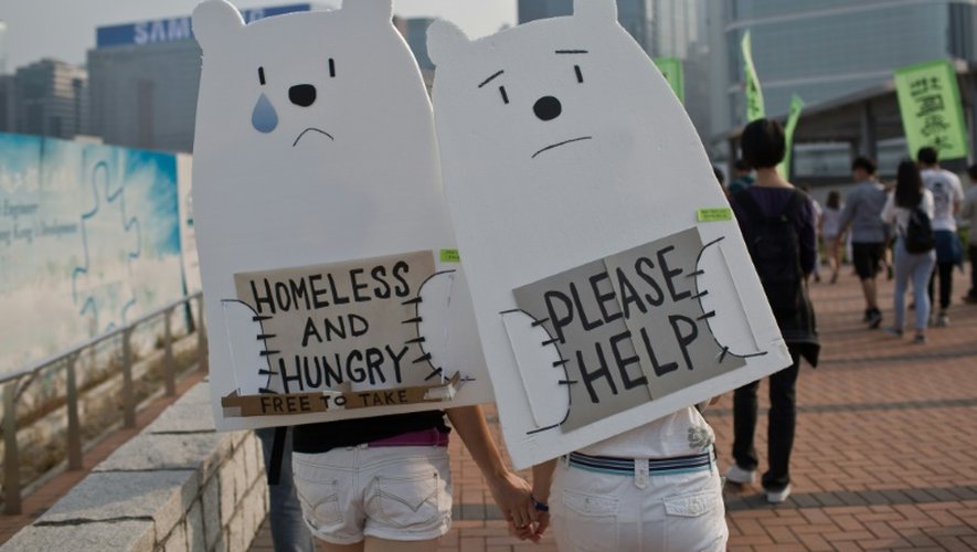 Deux femmes portent sur leur dos des panneaux en forme d'ours polaires proclamant "SDF et affamé" ou encore "s'il vous plaît, à l'aide", lors d'une marche pour le climat à Hong Kong, le 29 novembre 2015