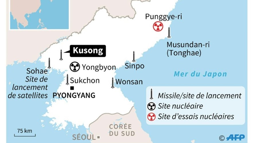 Carte de localisation de Kusong où l'armée américaine a détecté samedi un tir raté par la Corée du Nord d'un puissant missile balistique à portée intermédiaire