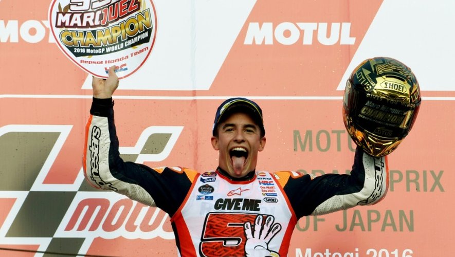 L'Espagnol Marc Marquez, sacré champion du monde de MotoGP, le 16 octobre 2016 à Motegi au Japon