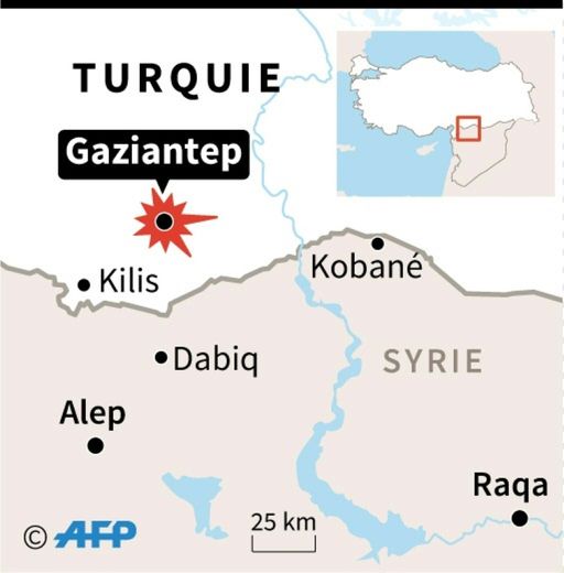 Carte de localisation de l'attaque à Gaziantep en Turquie près de la frontière avec la Syrie