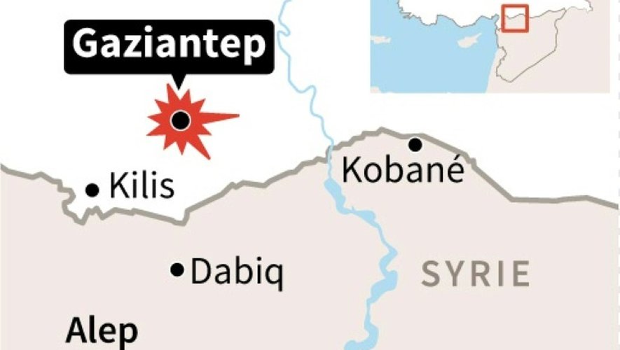 Carte de localisation de l'attaque à Gaziantep en Turquie près de la frontière avec la Syrie