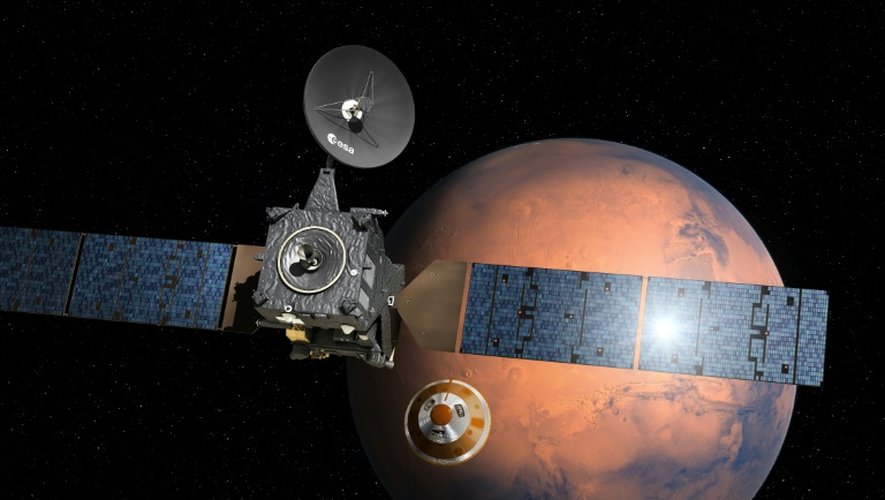 Illustration d'artiste diffusée sur le site web de l'Agence spatiale européenne, le 1er mars 2016, montrant le module d'entrée, de descente et d'atterrissage Schiaparelli de la sonde TGO en route pour Mars
