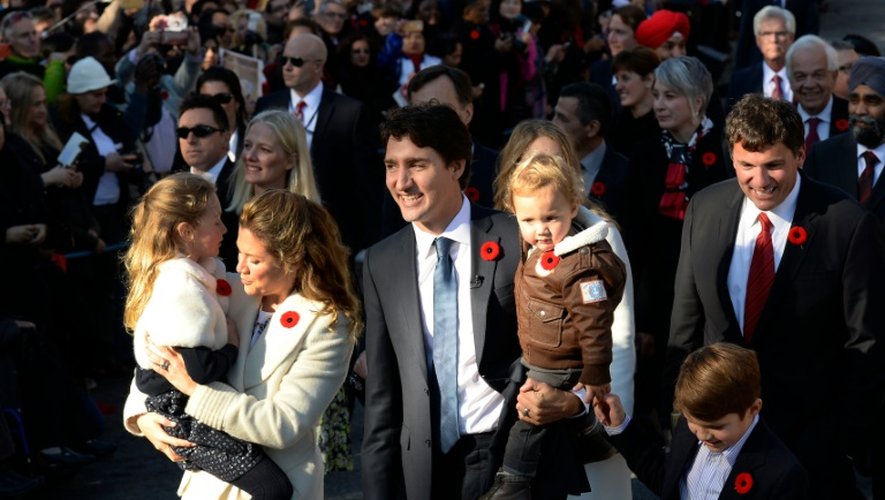 Justin Trudeau, sa femme Sophie Grégoire et leurs enfants Ella Grace, Hadrien et Xavier, à Montréal le 4 novembre 2015