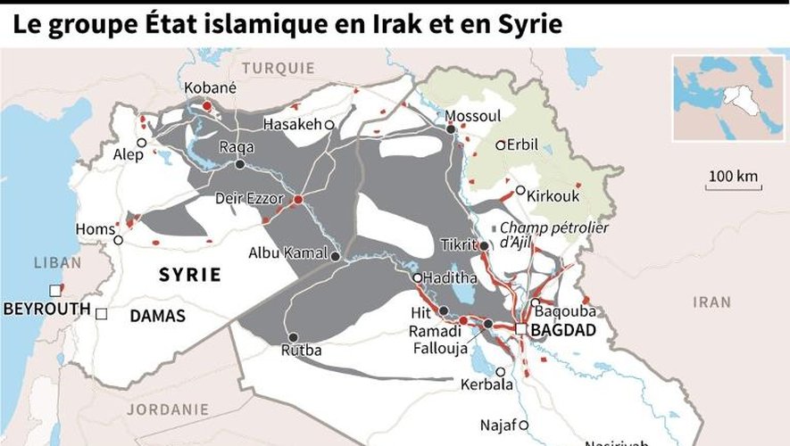 Carte de Syrie et d'Irak montrant les zones contrôlées par l'État islamique