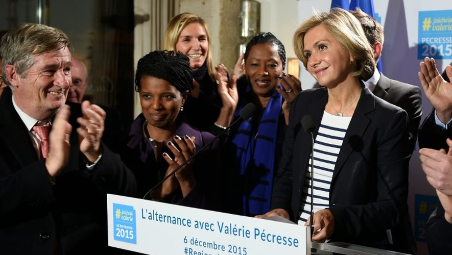 Valérie Pécresse, candidate LR pour les élections régionales, livre un discours après l'annonce des résultats du premier tour le 6 décembre 2015
