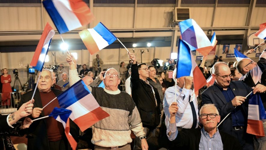 Des militants du FN saluent la victoire de leur liste, au premier tour des régionales à Le Pontet le 6 décembre 2015